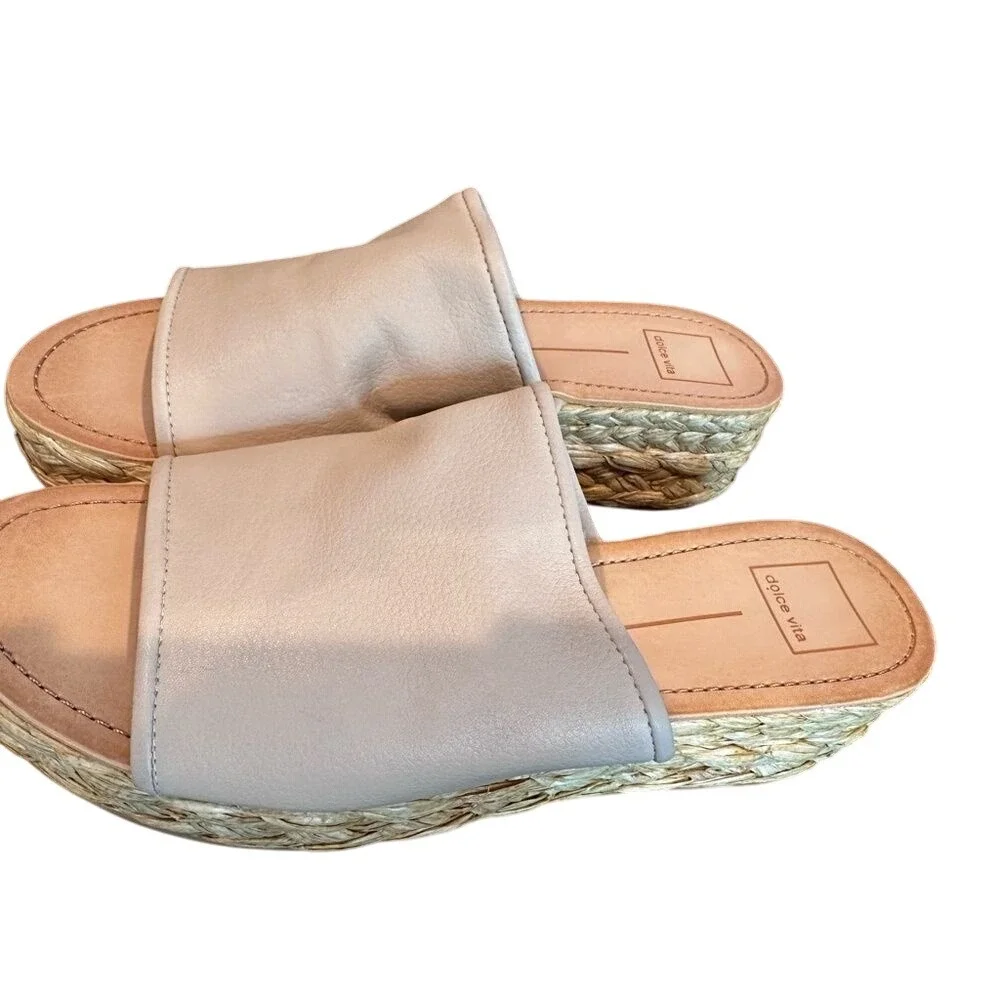 Dolce Vita Womens Leather‎ Platform Slide Espadrille Wedge Sandals Cream Tan